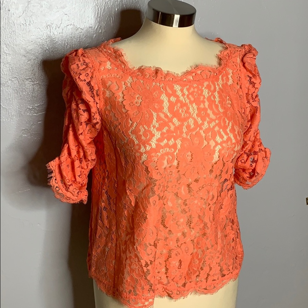 Joie Fanny Lace Top Orange Lace Blouse Sz S - Picture 3 of 8
